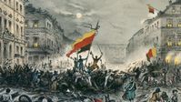 Jubelnde Revolutionäre nach Barrikadenkämpfen am 18. März 1848 in der Breiten Straße in Berlin