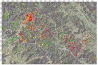 Beispielhafter ca. 1000 m² großer Ausschnitt aus einem Landsat-Satellitenbild von Nordrumänien. Farblich gekennzeichnet ist der Waldverlust in unterschiedlichen Zeitperioden (blau 1988-89; gelb 1989-94; grün 1994-2002; orange 2002-2006; rot 2006-2009), errechnet auf der Basis fernerkundlicher Analysemethoden. Bild: Humboldt-Universität zu Berlin