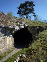 Der Eingang zur Vogelherdhöhle im Lonetal, einer der wichtigsten und ergiebigsten Karsthöhlen Baden-Württembergs im Blick auf die Urgeschicht