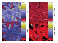 Im Bild (b) erkennt man als Hotspot ein etwa 130 Nanometer großes Silikat-Sternenstaubkorn. Viele Sternenstaubkörner dieser Größe werden erst dank des verkleinerten Ionenstrahls sichtbar. Quelle: Peter Hoppe, MPIC + Nature Astronomy (idw)