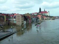 Hochwasser bei Meißen im Jahr 2006: durch den schnellen Anstieg der Pegel  bleibt nur eine geringe Vorwarnzeit für die Bevölkerung. (Foto: GFZ Deutsches  GeoForschungsZentrum)
Quelle:  (idw)