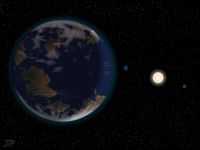 Künstlerische Interpretation des Planeten HD 40307g im Vordergrund (links), zusammen mit dem Stern HD 40307 und zwei weiteren Planeten (rechts). Die dargestellte Atmosphäre und Kontinente sind spekulativ und nicht durch diese Arbeit bestätigt.
Quelle: Abbildung: J. Pinfield, RoPACS network, University of Hertfordshire. (idw)