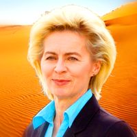 Ursula von der Leyen (2019) vor einer möglicherweise zukünftigen CO2-freien EU-Landschaft (Symbolbild)