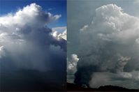 Nicht jede dicke Wolke bringt Regen: In unbelasteter Luft regnet diese Wolke über dem Amazonas normal ab (links). Aus einer anderen Wolke vom selben Tag fiel kein Regen, da sie mit vielen Aerosolen durch Brandrodungen belastet war - die Tropfen blieben zu klein (rechts).  Bild: links: Meinrat Andreae, MPI für Chemie; rechts: Daniel Rosenfeld, Hebrew University, Jerusalem