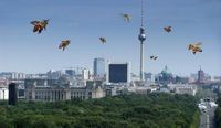 Honigbienen vor der Berliner Skyline (Fotomontage). Bild: "obs/Zentrum der Umweltkommunikation der Deutschen Bundesstiftung Umwelt ZUK/Deutschland summt!"