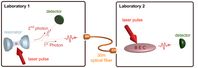 Bild: Ein einzelnes Atom und ein BEC in getrennten Laboren dienen als Knoten in einem einfachen Quantennetzwerk. Um Verschränkung zwischen beiden Systemen zu erhalten, wird das Atom mit Hilfe eines Laserpulses zum Aussenden eines Photons angeregt, das mit dem Atom verschränkt ist. Das Photon dient als Übermittler der Verschränkung. Über ein Glasfaserkabel wird es in das Nachbarlabor überführt und im BEC gespeichert. Nun sind Atom und BEC verschränkt. Nach einer gewissen Zeit wird das gespeicherte Photon wieder ausgelesen und der Zustand des Atoms auf ein zweites Photon übertragen. Verschränkung zwischen diesen Photonen weist nach, dass alle Schritte des Experiments erfolgreich durchgeführt wurden. Rempe