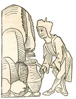 Abbildung aus dem Kapitel Petroleum im Hortus sanitatis (einem der „Mainzer Kräuterbücher“) aus dem Jahr 1491. Rohöl kommt normalerweise ohne Pumpen an die Oberfläche.