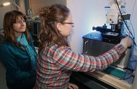 In einem Labor der Universität Jena arbeiten Dr. Karina Weber (l.) und Dr. Dana Cialla mit Hilfe der Raman-Spektroskopie an einem neuen Verfahren zum Nachweis illegaler Substanzen in Lebensmitteln.
Quelle: Foto: Jan-Peter Kasper/FSU (idw)