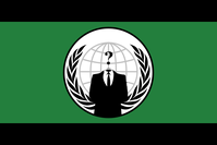 Eines der Erkennungszeichen von Anonymous als Flagge. Die kopflose Person im Anzug symbolisiert den führerlosen Charakter der Bewegung.