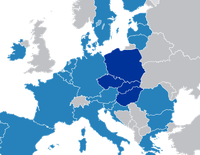 Visegrád‑4 Gruppe in Dunkelblau, in der Rest-EU.