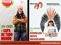 Der Werbung von Coca-Cola und der FIFA wurde das Bild eines Indianers gegenübergestellt, der fordert: 'Lasst die Guarani leben!' Bild: © Survival International