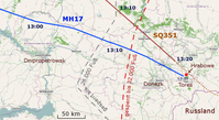 Flugverlauf von MH17 und SQ351 um 12:55–13:27 UTC mit Luftraum-Sperrzonen