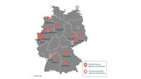 Überblick über die Verteilung von Männerschutzeinrichtungen in Deutschland - Stand Juni 2025.  Bild: LAG Jungen- und Männerarbeit Sachsen e.V. - Bundesfach- und Koordinierungsstelle Männergewaltschutz Fotograf: LAG Jungen- und Männerarbeit Sachsen e.V. - Bundesfach- und Koordinierungsstelle Männergewaltschutz
