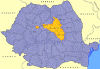 Das Szeklerland, hier gelb eingezeichnet, liegt heute tief im rumänischen Staatsgebiet im östlichsten Teil Siebenbürgens.