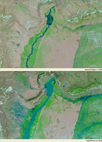 Satellitenbilder des Oberlaufes des Indus vom 1. August 2009 (oben) und vom 31. Juli 2010 (unten). Bild: NASA / de.wikipedia.org