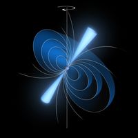 Künstlerische Darstellung eines Pulsars mit intensiver, stark gebündelter Radiostrahlung aus Richtung der magnetischen Pole des Pulsars, in seiner „radiohellen“ Phase.
Quelle: Bildrechte: ESA / ATG medialab (idw)