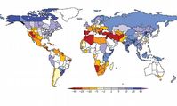 Die von Modellen projizierten Änderungen des durchschnittlichen jährlichen Wasser-Abflusses von eisfreiem Land (2041-2060 gegenüber 1900-1970) in Prozent. Zugrunde liegen die Bedingungen des Szenarios "SRES A1B" des Intergovernmental Panel on Climate Change. Copyright: Science