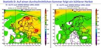 Die NOAA-Reanalyse zeigt nach einem durchschnittlich temperierten Sommer wie im Jahr 2021 (links) in den zehn Vergleichsjahren seit 1950 mit Mitteltemperaturen ebenfalls um 17,9°C (+- 0,3°C) einen noch etwas kühleren Herbst. Statistisch ist also 2021 in Deutschland ein noch etwas kühlerer Herbst zu erwarten, wie es der Sommer 2021 ausser im Juni überwiegend ebenfalls war. Bild: NOAA / WBDGE / Eigenes Werk