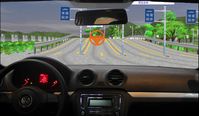 Der Blick aus dem zum Fahrsimulator umgerüsteten Pkw zeigt die virtuelle Fahrumgebung.
Quelle: Foto: KIT,IMI (idw)