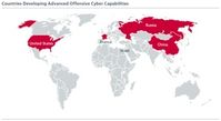 Cyberkriegs-Landkarte: Definitiv fünf Mächte mit Cyberwaffen. Bild: McAfee