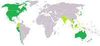 Transpazifischen Partnerschaft (TPP): Dunkelgrün: Haben im Oktober 2015 die Verhandlungen erfolgreich abgeschlossen Hellgrün: ﻿Haben Beitrittsinteresse bekundet (Stand: 2013)