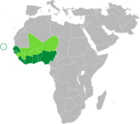 Westafrikanische Wirtschaftsgemeinschaft  (ECOWAS):  Derzeitige Mitgliedstaaten (dunkelgrün) und suspendierte Mitgliedsstaaten (hellgrün)