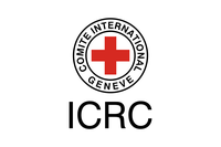 Logo des Internationalen Komitees vom Roten Kreuz (IKRK), bestehend aus Roundel und englischer Abkürzung "ICRC", in Flaggenform