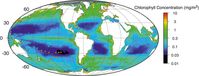 Satellitenmessung des Nährstoffgehalts in den Ozeanen. Die Punkte markieren die Stellen, an denen Proben genommen wurden. Im Südpazifik befindet sich eine große Zone, in der praktisch keine Nährstoffe messbar sind.  Bild: GFZ, Jens Kallmeyer