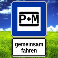 Aufforderung gemeinsam zu fahren. Solche und ähnliche P+M-Parkplatz-Schilder werden teilweise von Gemeinden selbst kreiert