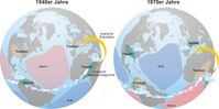 Verschiebung des Tropengürtels nach Süden zwischen den 1940er und 1970er Jahren.
Quelle: Stefan Brönnimann, Universität Bern. (idw)