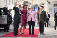 Angela Merkel mit US-Präsident Barack Obama, dessen Frau sowie Joachim Sauer beim Staatsempfang in Baden-Baden, 3. April 2009