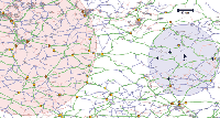 Um sich in diesem Wirrwarr zurecht zu finden, helfen einem Routenplaner jetzt Orientierungspunkte. Künftig ermittelt er den kürzesten Weg zwischen Start und Ziel (Fähnchen) mit Hilfe vorberechneter Informationen zu den nächstgelegen Transitknoten (Rauten). Bild: Max-Planck-Institut für Informatik / Universität Karlsruhe