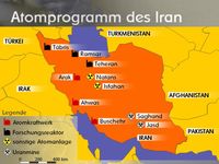 Karte mit den wichtigsten Standorten der iranischen Atompolitik. Bild: WEBMASTER at de.wikipedia