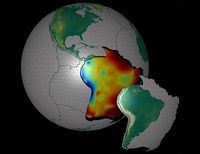 Für eine Computersimulation kombinierte separate Modelle für den Erdmantel und die Erdoberfläche zeigen die geografische Überlagerung der Anden und des absteigenden Mantelinneren zwischen der Nazca- und der Südamerkanischen Platte (blau). Quelle: Ludwig-Maximilians-Universität München