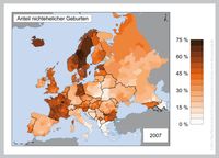 Muster der Familiengründung: In den Regionen Skandinaviens, Frankreichs und Ostdeutschlands ist der Anteil nichtehelicher Geburten besonders hoch. Nationale Grenzen sind oft auch Trennlinien zwischen Gebieten mit sehr verschiedenen Quoten. Sie variieren aber innerhalb der Länder von Region zu Region etwas stärker als früher. Die Karte zeigt auch gefärbte Regionen im Gebiet der ehemaligen UDSSR und in Rumänien, die nicht in die Analyse der zeitkonstanten 497 Regionen eingingen.
Quelle: Daten: Decroly & Vanlaer (1991), Europarat (2006), eigene Berechnungen; Kartendaten: MPIDR & CGG, teilweise basierend auf Grenzverläufen von © EuroGeographics (idw)