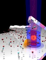 Riesenatome wurden durch rotes und blaues Laserlicht aus "normalen" Atomen erzeugt und zwischen zwei Glasplatten eingesperrt. Dabei konnte die Kopplung an die Schwingungen im Glas minimiert werden. Foto: Universität Stuttgart.