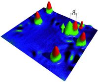 Rastertunnelmikroskopische Auslesung des Magnetisierungs-zustands einzelner Kobaltatome (Kegel), die auf einer Platinoberfläche (blau) liegen. Die Farbe der Kobaltatome spiegelt dabei ihren Magnetisierungszustand wieder (nach oben: grün; nach unten: rot). Da ein Magnetfeld nach unten angelegt wurde, welchem die Magnetisierung folgt, erscheinen die meisten Atome rot. Nur das Linke der beiden Atome eines Paares mit einem Abstand von d = 0.7 nm ist entgegengesetzt zum Magnetfeld nach oben ausgerichtet. Dies liegt an der sogenannten RKKY-Kopplung zum Partner. Bild: SPM-Gruppe von Prof. R. Wiesendanger