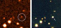 Das linke Bild zeigt die Himmelsgegend der Supernova SN 2006aj vor der Explosion. Die Lichtquelle innerhalb des Kreises ist die Galaxie, in welcher der Stern explodierte. Sie ist rund 430 Millionen Lichtjahre von der Erde entfernt. Das rechte Bild ist eine Aufnahme der Supernova (Pfeil) mit dem Very Large Telescope der Europäischen Südsternwarte. Beide Bilder haben einen Durchmesser von etwa einer Bogenminute.  Bild: The European Southern Observatory