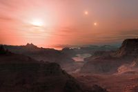 Künstlerische Darstellung eines Sonnenunterganges auf der Supererde Gliese 667Cc
Quelle: Bildnachweis:  ESO/L. Calçada (idw)