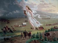 „American Progress“ (amerikanischer Fortschritt), Gemälde von John Gast, 1872, das die zivilisatorisch-religiöse Aufgabe der Siedler symbolisch überhöht