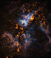 Komposit aus APEX-Submillimeterdaten (dargestellt in orange) und einem Bild im sichtbaren Licht
Quelle: Bild: ESO/APEX/T. Preibisch et al. (Submillimetre); N. Smith, University of Minnesota/NOAO/AURA/NSF (Optical) (idw)
