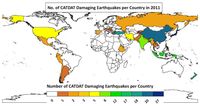 Erdbeben 2011: Die am häufigsten betroffenen Länder sind dunkelgrün und dunkelblau eingefärbt. (Grafik: CEDIM, GPI, Earthquake Report)
Quelle:  (idw)