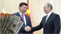 Bild: Dollar: Wikimedia/JP Valery CC BY-SA 4.0; Putin, Jinping: Wikimedia/Kreml CC BY 3.0 / WB / Eigenes Werk