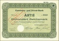 Aktie über 100 RM der Commerz- und Privat-Bank AG vom 2. April 1932; Stempelaufdruck von 1940 mit dem neuen Namen Commerzbank (Symbolbild)
