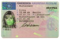 EU-Führerscheinkarte (Layout 2013), in Deutschland seit 1999 ausgestelltVorderseite
1. Nachname
2. Vorname
3. Geburtsdatum und -ort
4a. Ausstellungsdatum
4b. Führerschein gültig bis (in Deutschland derzeit nicht belegt)
4c. ausstellende Behörde
5. Führerscheinnummer
7. Unterschrift des Inhabers
9. Fahrerlaubnisklasse(n)