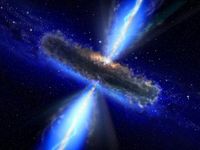 Ein extrem massereiches schwarzes Loch, das von einem Staubring (torus) umgeben ist. Der Einfall von Gas auf das schwarze Loch führt zu einem energiereichen Strahl aus Materie und Strahlung, der über kosmologische Distanzen transportiert werden kann. Wenn der Strahl in unsere Richtung zeigt, sprechen wir von einem „Blazar“ .
Quelle: (copyright: ESA/NASA, the AVO project and Paolo Padovani). (idw)