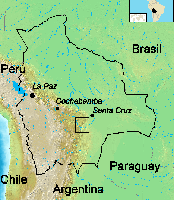 Das Gebiet, in welchem die ELN 1966–1967 operierte, auf der Karte Boliviens
