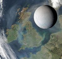 Größenvergleich: Enceladus und Großbritannien (Fotomontage)