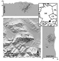 Karte des 1775 Meter hohen Hohenstaufen nahe Bad Reichenhall. Punkte zeigen die Erdbeben im Jahr 2002