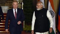 Archivbild: Wladimir Putin und Narendra Modi bei einem Staatsbesuch in Neu-Delhi, Indien. 6. Dezember 2021.